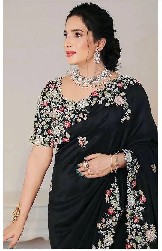 Black Embroidery Work Georgette Saree - kalyanja